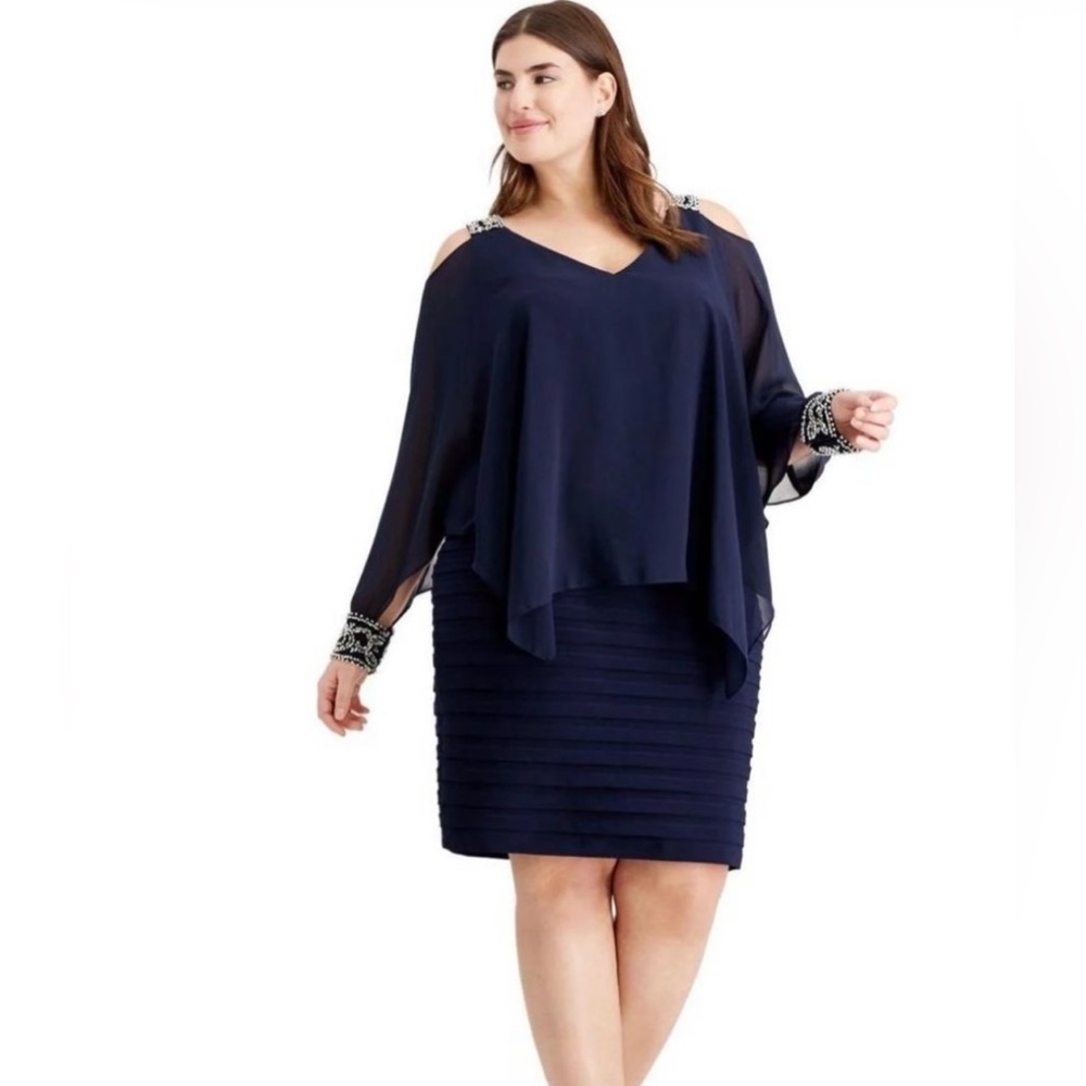 Betsy & Adams Elegant Navy Silver Cold Shoulder Drop Waist Dress Plus Sizes, NEW - Picture 6 of 14
